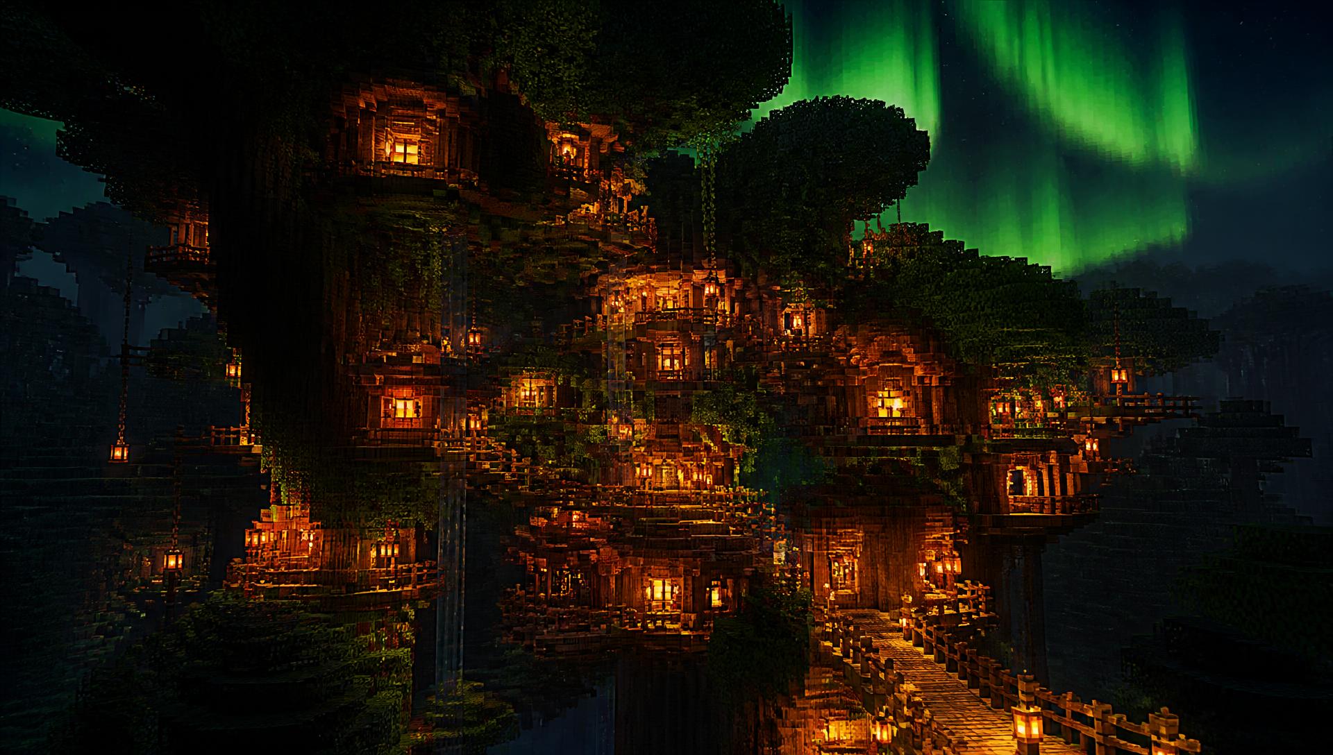 Blockbuilt treehouse village glowing at night under a green aurora